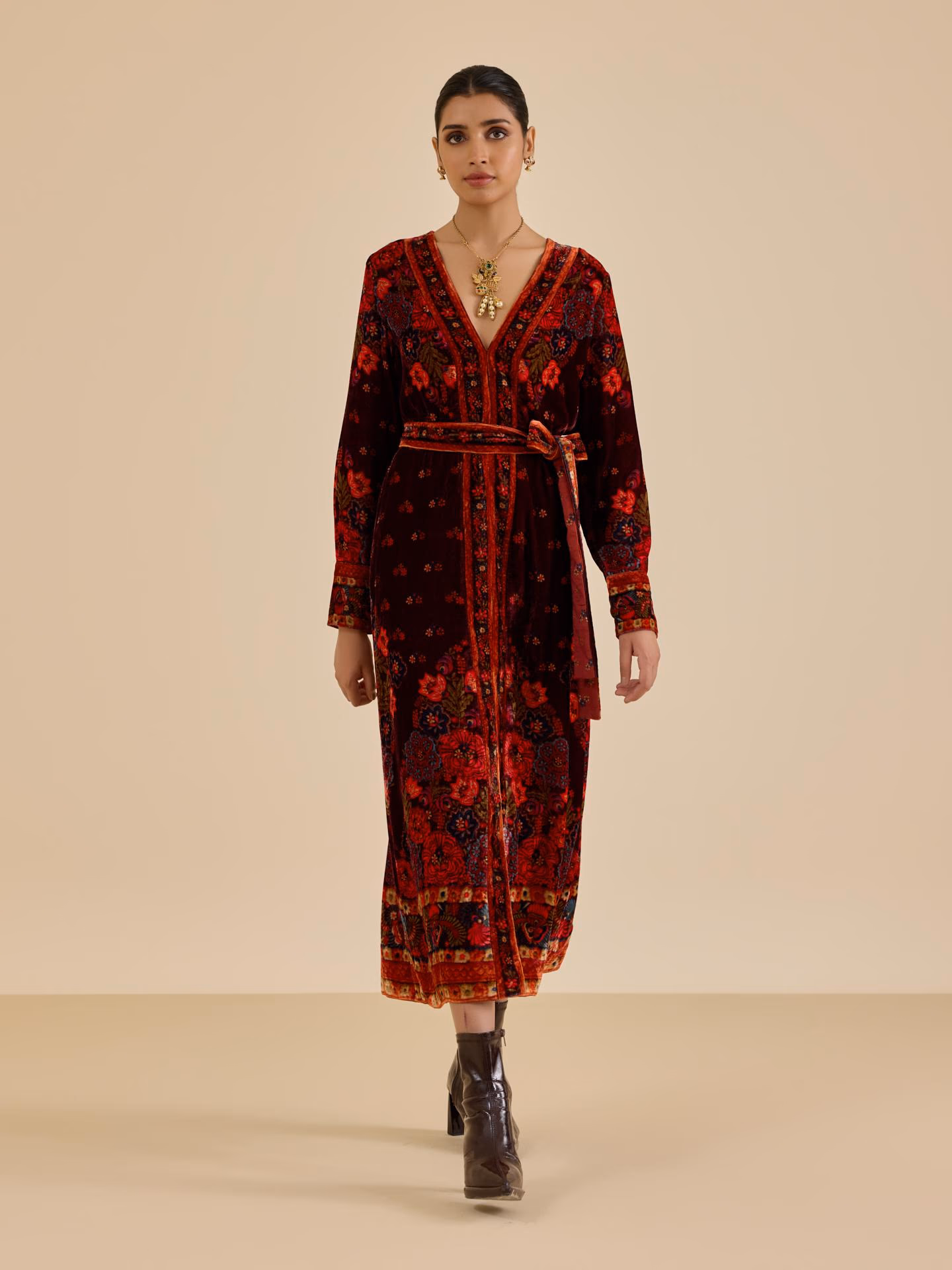 Wine Sasha Print Long Dress