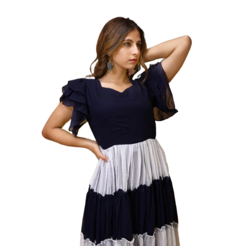 Women's Solid Half Sleeve Gown (Blue-White)