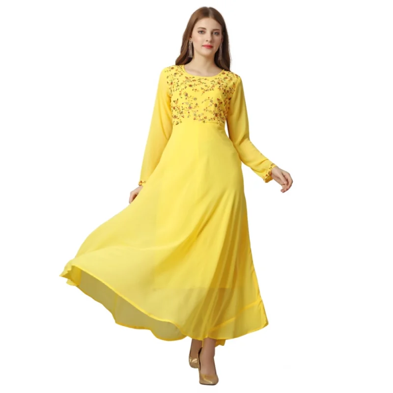 Women's Georgette Embroidered Full Sleeve Round Neck Gown (Yellow )