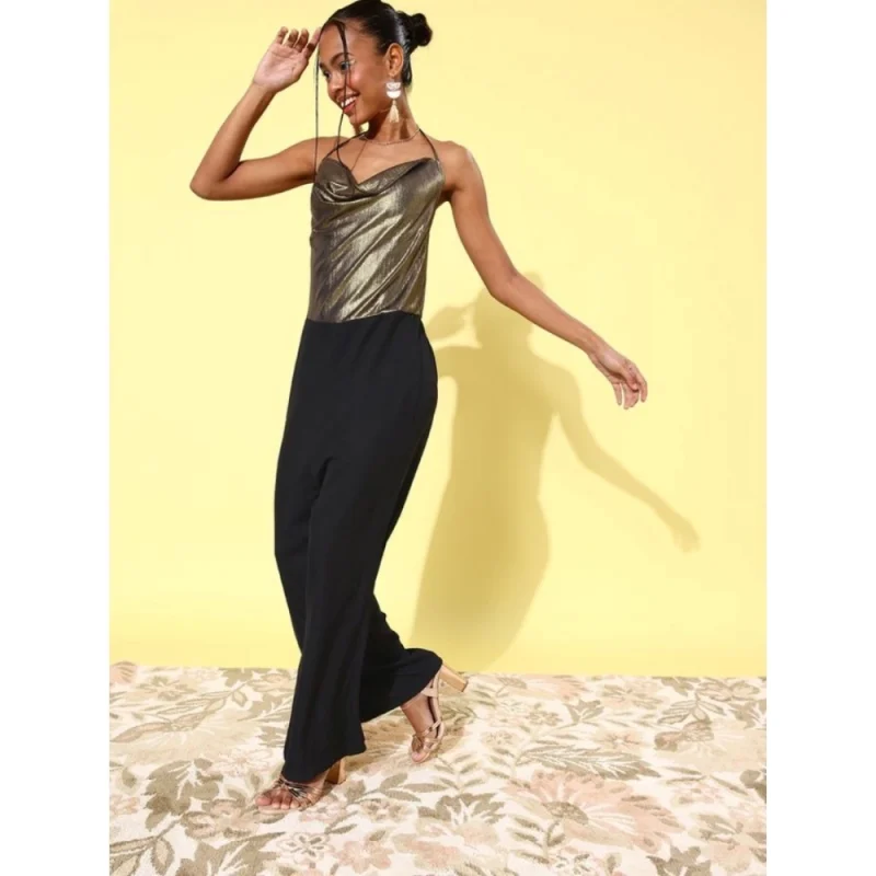 Women's Polyester Embellished Sleeveless Jumpsuit (Gold)