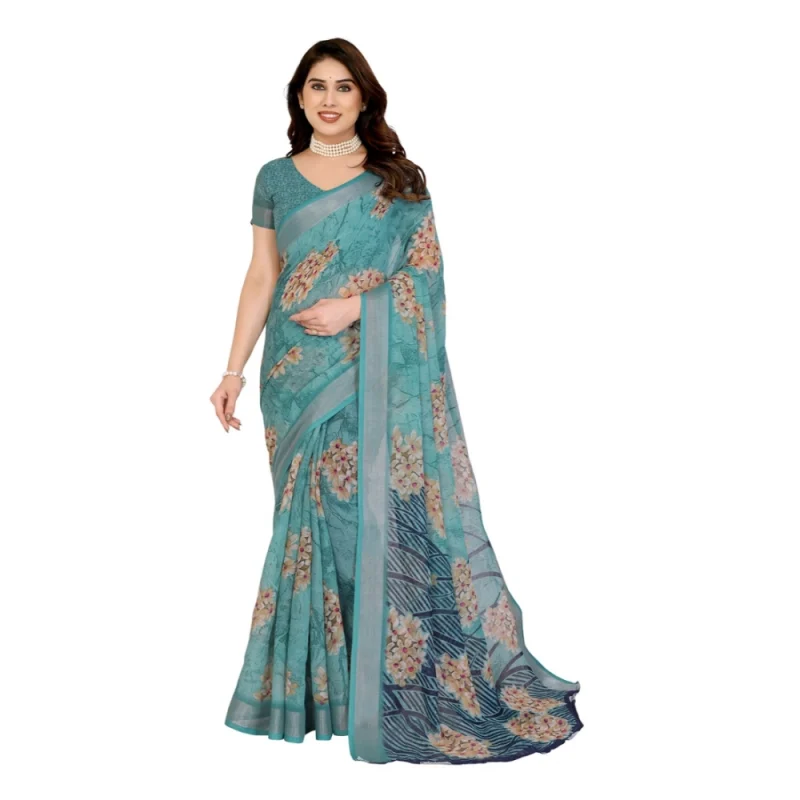Women's Georgette Printed Saree With Unstitched Blouse 5.5Mtr (Turquoise Green)