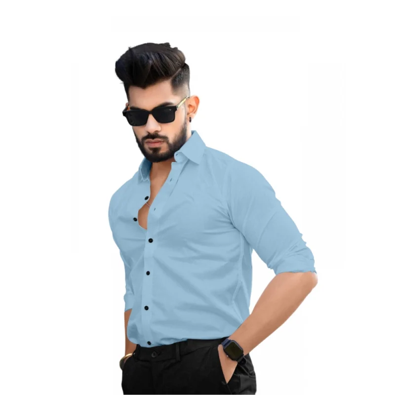 Men's Casual Full Sleeve Poly Viscose Collar Neck Shirt (Sky)