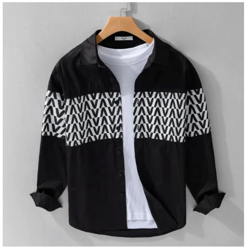 Men's Casual Cotton Printed Full Sleeve Collar Shirt (Black)
