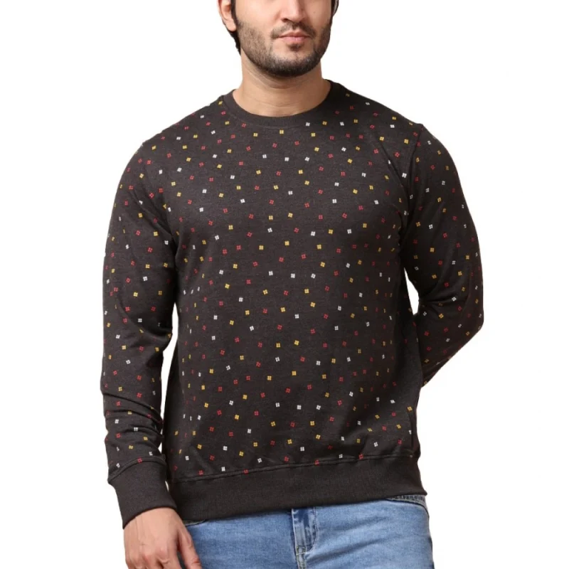 Men's Casual Cotton Printed Round Neck Full Sleeve Sweat T-Shirt (Black)