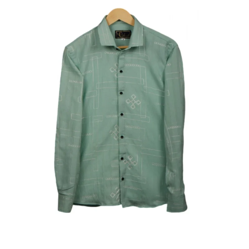 Men's Casual Full Sleeve Printed Cotton Blended Shirt (Green)