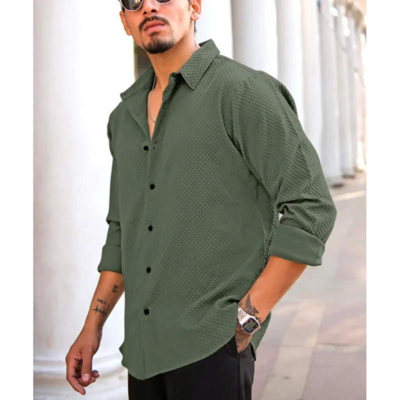 Men's Casual Popcorn Self-design Full Sleeve Collar Shirt (Green)