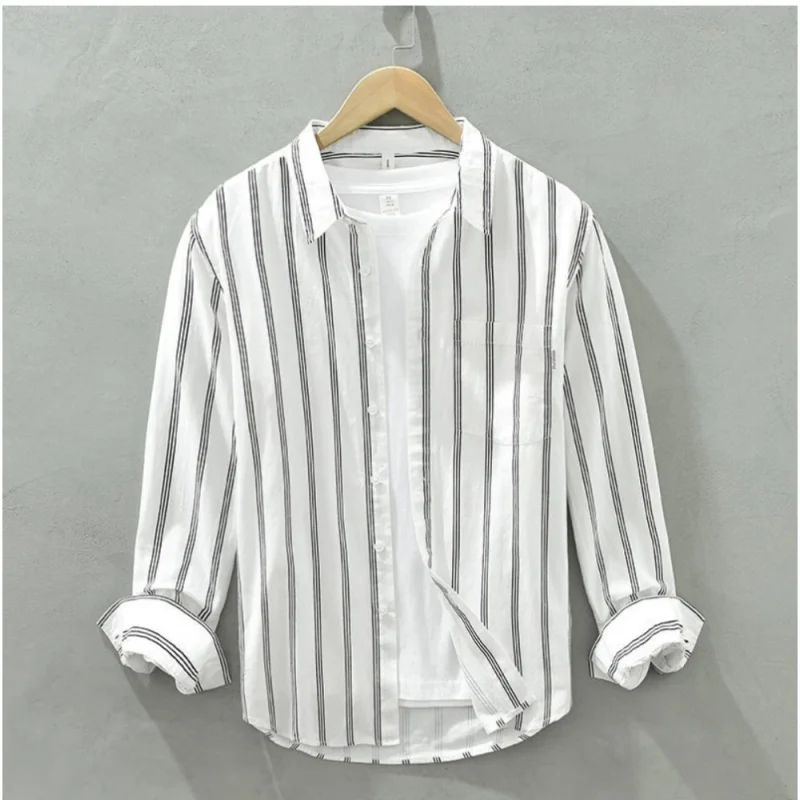 Men's Casual Cotton Striped Full Sleeve Collar Shirt (White)