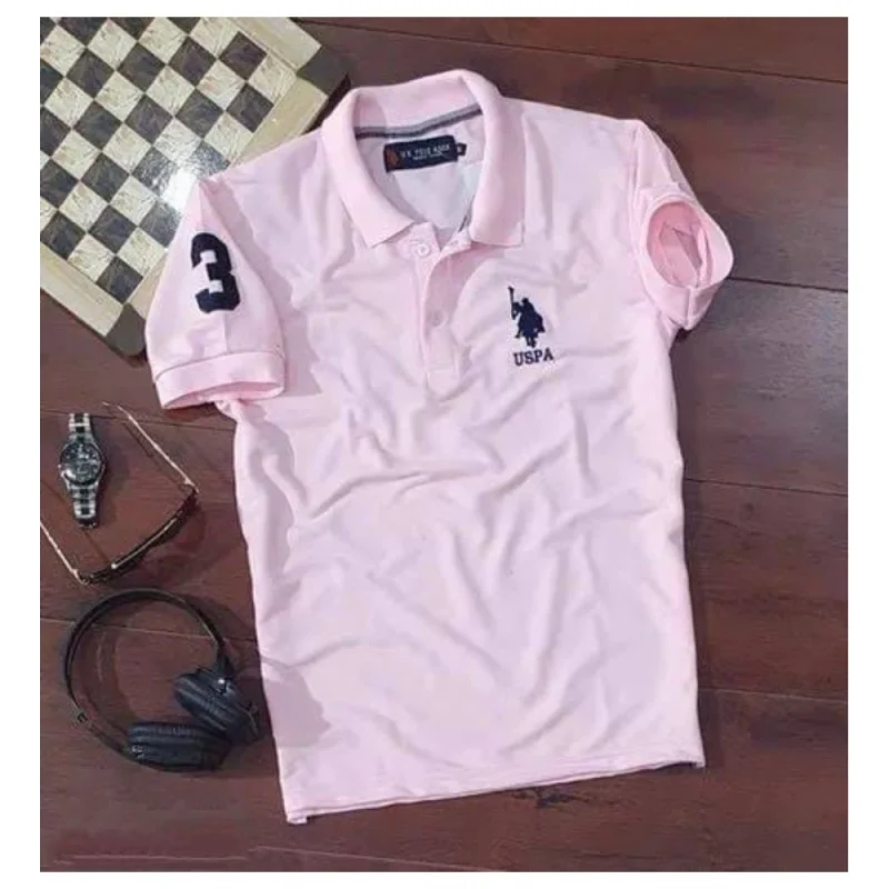 Men's Casual Half sleeve Solid Cotton Polo Neck T-shirt (Pink)