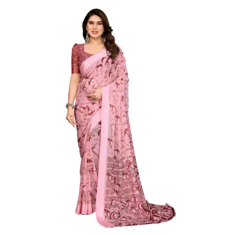 Women's Georgette Printed Saree With Unstitched Blouse 5.5Mtr (Pink)