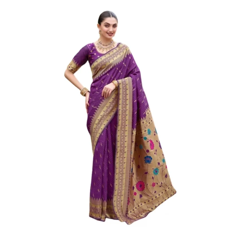 Women's Silk Blend Zari Woven Saree With Unstitched Blouse 5.5Mtr (Purple)